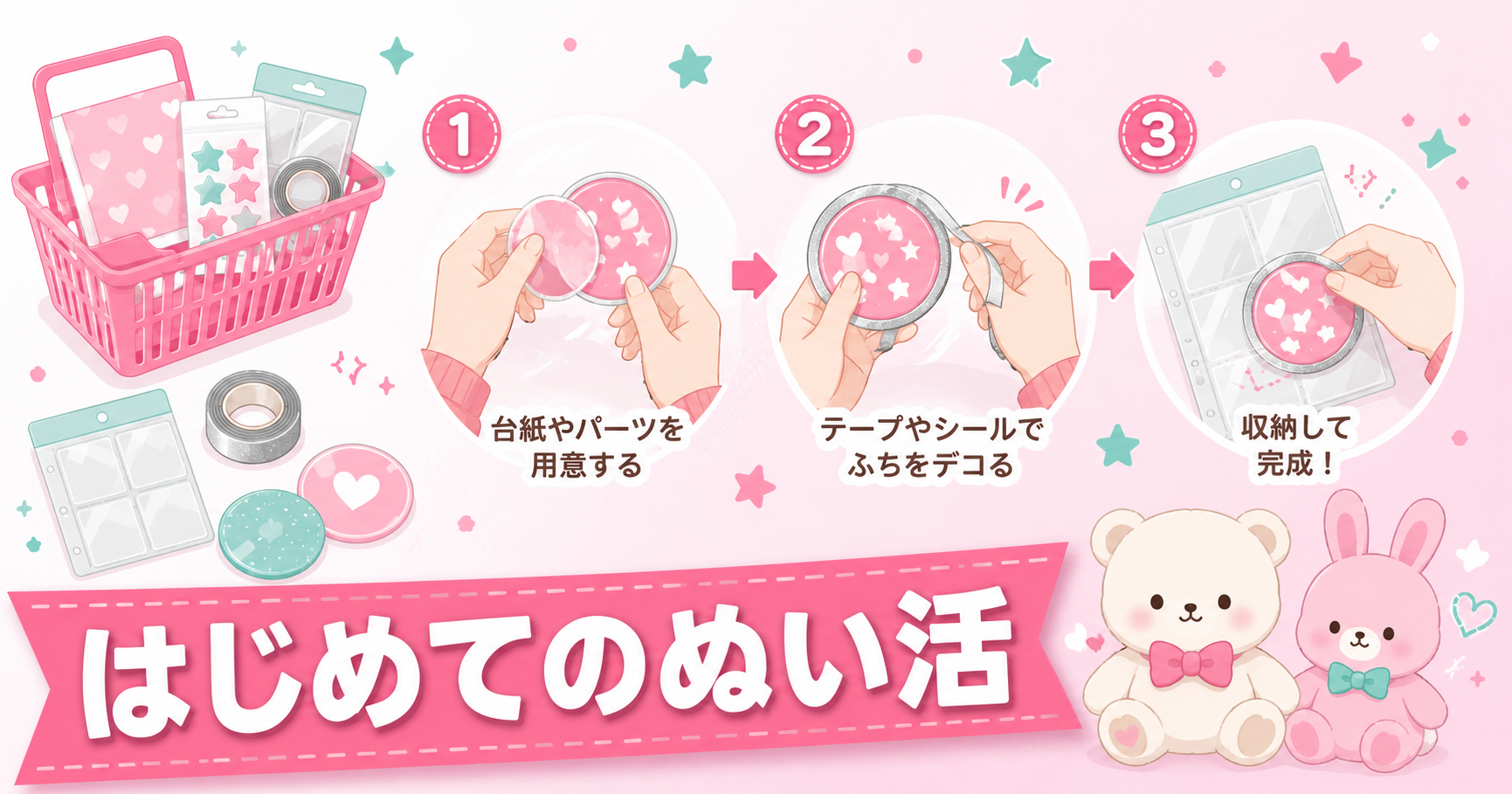ぬいぐるみとぬい活グッズを机に並べたスターターセットの写真