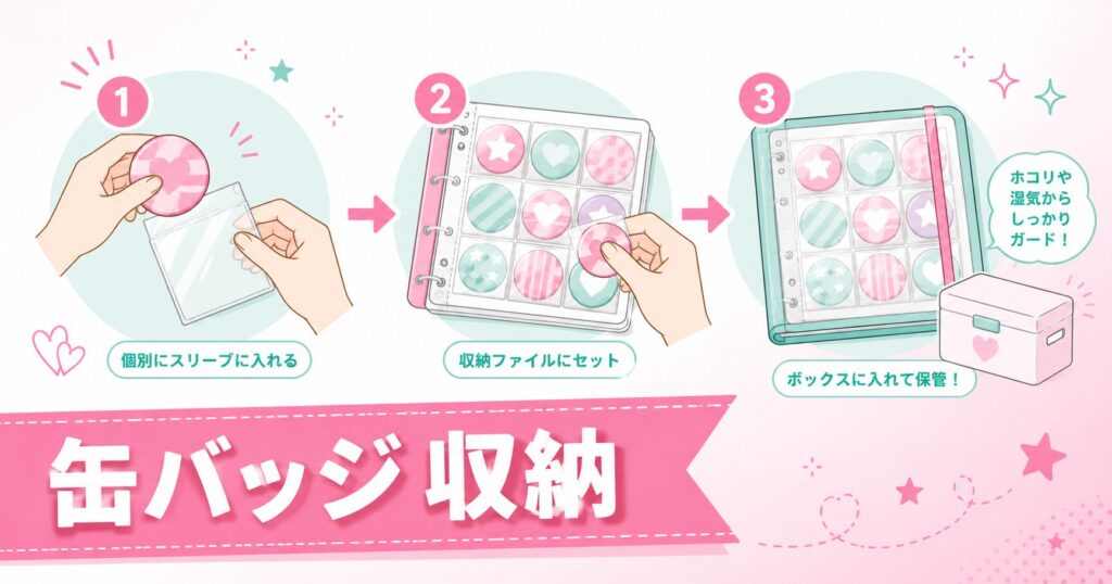缶バッジをケースに整理して収納した保管例の写真