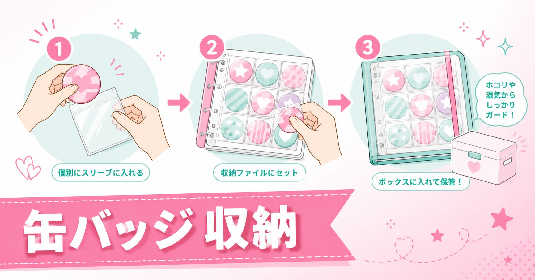 缶バッジをケースに整理して収納した保管例の写真