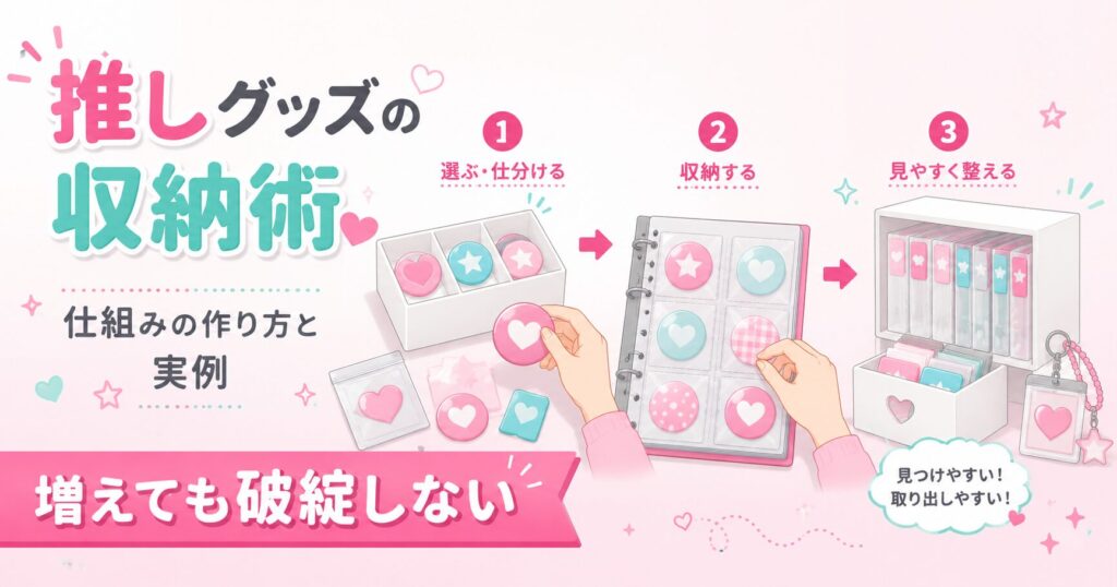 推しグッズをジャンル別に整理した収納棚の写真