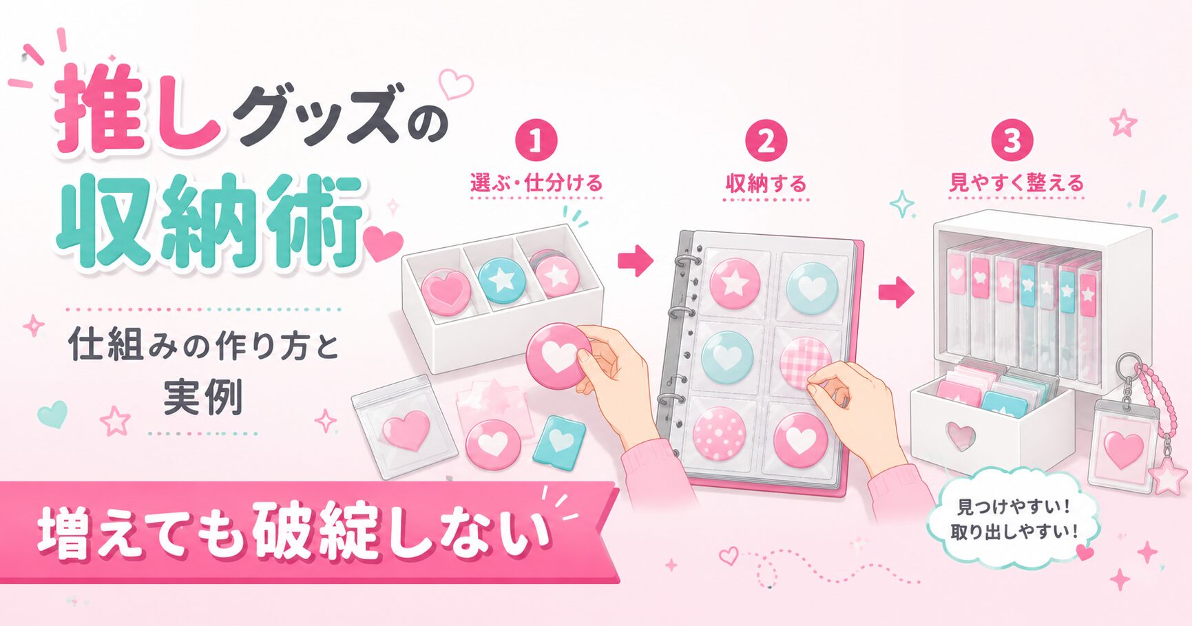推しグッズをジャンル別に整理した収納棚の写真