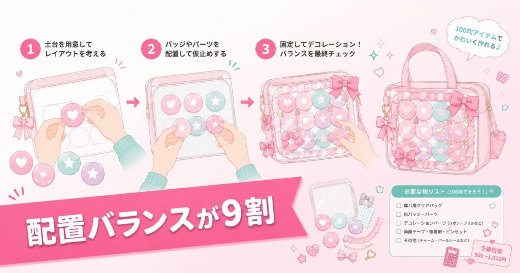 缶バッジを配置しながら痛バを作っている作業中の写真