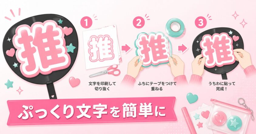 アプリで作ったぷっくりうちわ文字のスマホ画面と完成うちわ