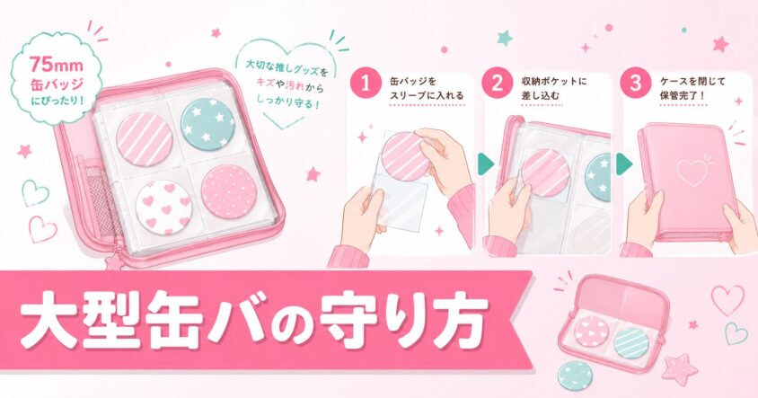 75mm缶バッジをケースに収納してサイズ感を見せる写真