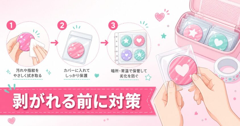 箔押し缶バッジをカバーで保護している接写写真